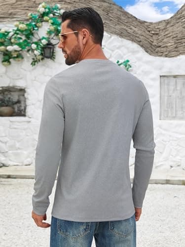 Hardaddy Men's V Neck Long Sleeve Ribbed Casual T-Shirt Classic Basic Solid Tee Shirts Light Gray M - Thumbnail 5