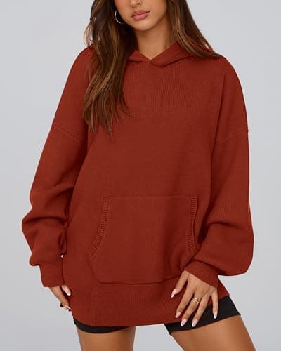 dowerme Women Oversized Sweaters 2026 Lantern Long Sleeve Drop Shoulder Chunky Knit Hooded Pullover Sweater with Pocket(Caramel,Medium) - Thumbnail 6