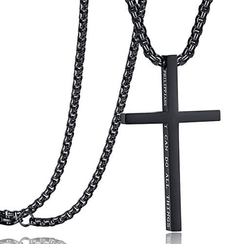 Rehoboth Stainless Steel Cross Pendant Necklaces for Men Women Philippians 4:13 Strength Bible Verse Pendant Chain 24 Inch Black - Image 1