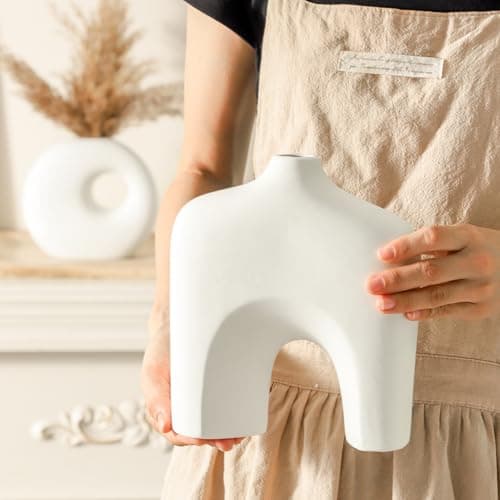 Dobbyby Ceramic Vase Set of 2, Modern Donut Vases for Minimalist Nordic Home Decor, Waterproof Round Vase, Decorative Centerpiece Vases for Living Room, Entryway, Table Decor (02-Matte Cream) - Thumbnail 4