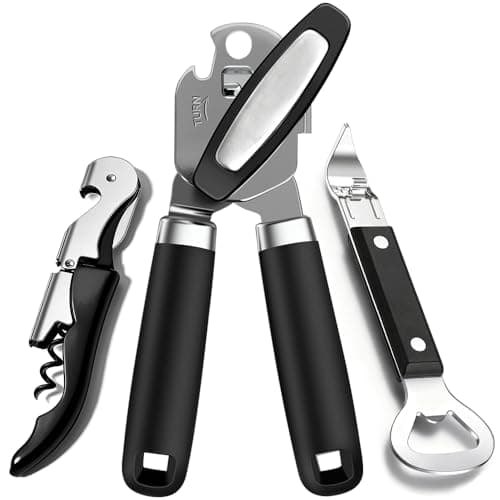 3PCS Can Opener Manual & Bottle Opener & Wine Opener, Smooth Edge Manual Can Openers with Strong Magnet, Heavy Duty Stainless Steel Abrelatas Handheld Can Openers - Premium Kitchen Supplies (Black) - Image 1
