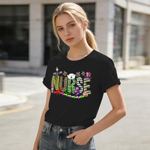 Mardi Gr Nurse Shirt for Women – New Orleans Party Tee Tops Fat Tuesday Short Sleeve - Thumbnail 4