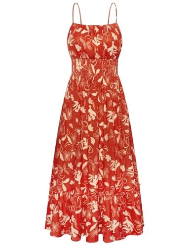 GRACE KARIN Summer Dresses for Women 2026 Vacation,Smocked Floral Maxi Dresses,Boho Beach Long Sundress Red Yellow Floral XXL - Image 1
