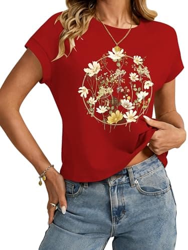 TAKEYAL Graphic Tees for Women Vintage Red Floral Summer Cap Sleeve Tops Tshirts Trendy X-Large D Red - Image 1