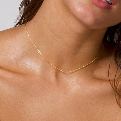 JNZSSWHJJH Cross Necklace for Women - 18K Gold Plated Sideway Cross Necklace Dainty Gold Cross Necklace for Women Gold Jewelry Christian Christmas Gift for Woman Teens - Thumbnail 3
