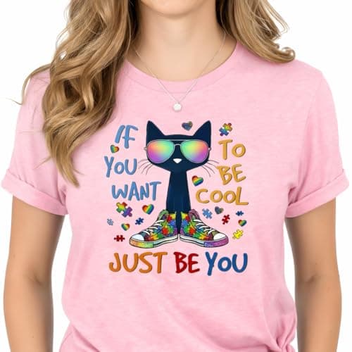 Cute Autism Acceptance Shirt–Just Be You Cat Graphic Tee for Women，Neurodiversity Positive T Shirt Pink - Image 1