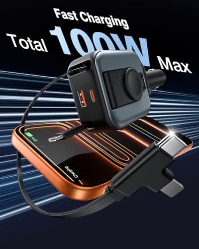 6 in 1 Retractable Car Charger, 100W USB C + USB A Fast Charging for iPhone 17/16/15/14/13/12/11, iWatch, Android, Travel Essentials Car Accessories, Gift for Men & Women (Grey) - Thumbnail 4