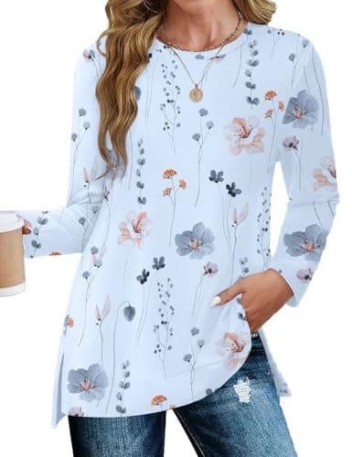 JUSTFASHIONNOW Womens Long Sleeve Tunic Tops to Wear with Leggings Crew Neck Side Split Layering Shirts Loose Fit Long Tops Floral Blue - Thumbnail 3