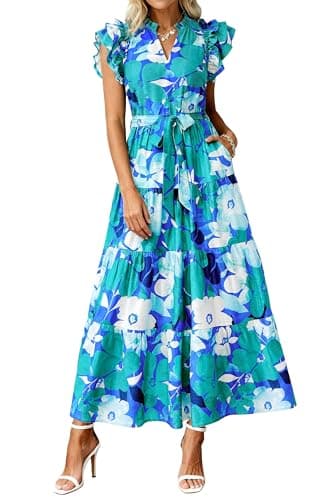dowerme Women Summer Maxi Dresses 2026 Ruffle Sleeve V Neck Floral Boho Long Dress Belted Tiered Sundress with Pockets(Floral Blue Green,Large) - Image 1