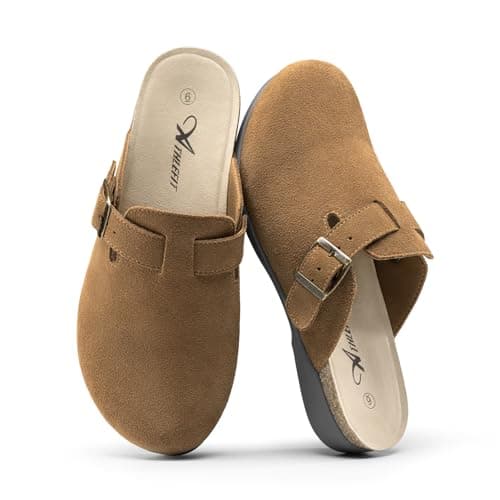 Athlefit Cork Clogs for Women Adjustable Buckle Antislip Leather Brown Clogs with Arch Support Slip On Potato Shoes for Fall Casual Work Vacation Home 5.5 - Image 1