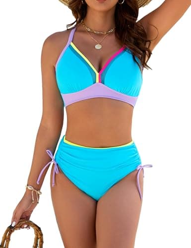 Edelqual Women's Bikini Set Two Piece Swimsuit Neon Top Drawstring Tummy Control Mid Rise Bottom Cheeky Bathing Suit - Image 1
