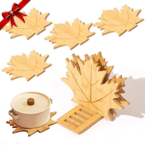 Erjiacun Bamboo Trivets for Hot Dishes, Pots & Pans - 6 Large Heat Resistant Pot Holders Trivet Set with Maple Leaf Design, Non-Slip for Kitchen Countertops & Dining Table - Image 1