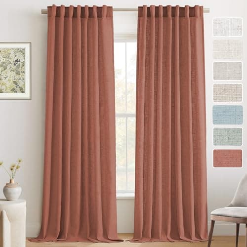 PrinceDeco Rust Semi Sheer Curtains 96 Inches Long 2 Panels Set for Bedroom,Back Tab and Rod Pocket Thick Linen Light Filtering Farmhouse Privacy Drapes for Living Room/Dining Room,Terra Cotta - Image 1