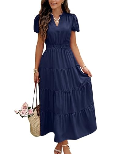 ECOWISH Womens Midi Dress Summer Casual A Line Maxi Shirt Dresses Spring Short Sleeve Button Front V Neck Pockets Work Dress 25Navy Blue Small - Image 1