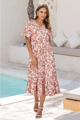 STYLEWORD Women's Summer 2026 Casual Short Sleeve Tiered Flowy Maxi Spring Dress Long Midi Beach Sundress Vacation Hawaiian Outfits(Floral23,S) - Thumbnail 3