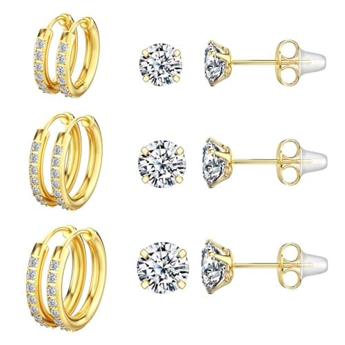 6 Pairs Hoop Earrings for Women - 316L Hypoallergenic Stainless Steel Lightweight 14K Gold Plated Small Huggie Cubic Zirconia Hoop Earrings, Earrings Sets for Multiple Piercing Cartilage Stack Jewelry, Perfect Fashion Gift Set. - Image 1