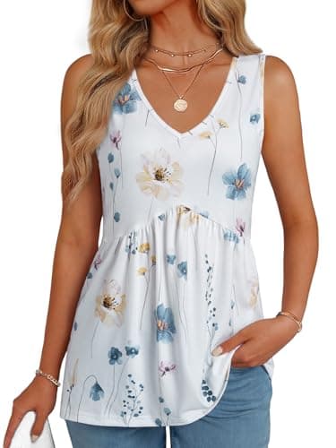 GKBK Womens Tank Tops 2026 V Neck Babydoll Flowy Peplum Hem Tops for Women Dressy Sleeveless Floral Tank Tops White Blue Flower - Image 1