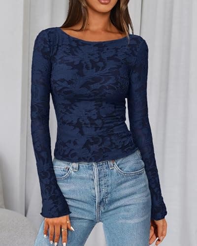 BTFBM Casual Long Sleeve Shirts Spring 2026 Going Out Tops for Women Trendy Floral Work Blouses Bodycon Tunics(Navy Blue,XX-Large) - Thumbnail 3