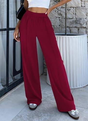 BTFBM Palazzo Pants for Women 2026 Spring Summer Casual Lounge Pants High Waist Flowy Trousers Baggy Wide Leg Pants(Burgundy, XX-Large) - Thumbnail 2