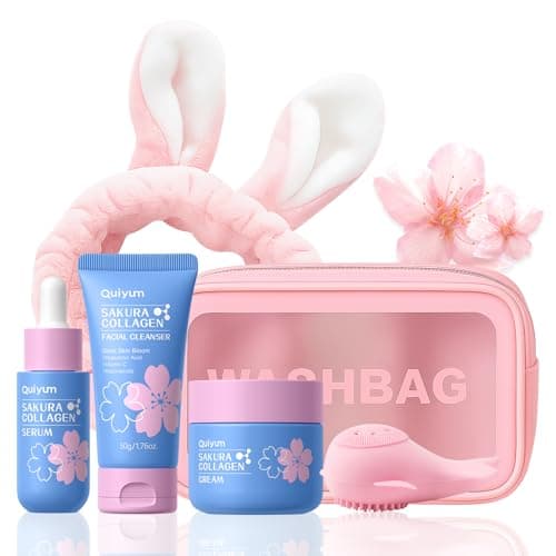 QUIYUM Sakura Collagen Skin Care Set - 5pcs Skincare with Facial Cleanser, Serum, Cream, Pink Facial Brush, Bunny Hair Band & Makeup Bag, Deep Cleansing, Hydrating, Firming, Even Tone, Radiance - Image 1