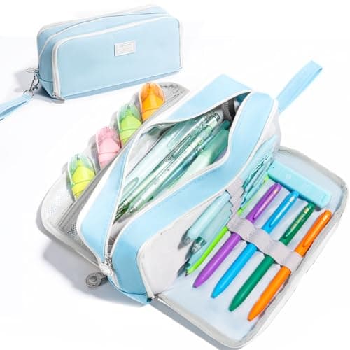 Four Candies Blue Pencil Case 3 Compartment Pouch, Large Pencil Pouch for School, Girls, Teen Boys, Women, Blue, Removable Handle & Zipper, Cute Pencil Bag for Office, College - Image 1