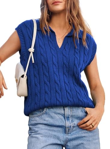 Dokotoo Sweaters for Women V Neck Lapel Collar Cable Knit Vest for Women Vest Top Sweater Vest Women Dark Blue Small - Image 1