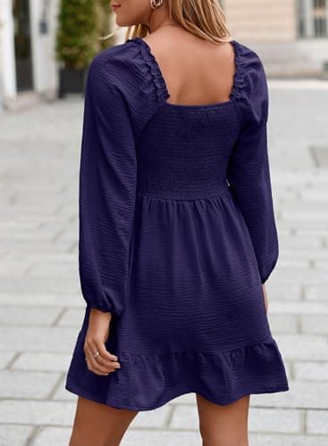 Dokotoo Casual Dresses for Women 2025 Fall Sweetheart Neck Long Sleeve Empire Waist Dress Ruffle Smocked A-line Flowy Elegant Dress Navy Blue Medium - Thumbnail 2