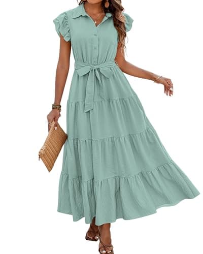 dowerme Women's Summer Casual Dresses 2026 Cap Ruffle Sleeve V Neck Button Belted Tiered Boho Maxi Dress with Pockets(Mint Green,Medium) - Image 1