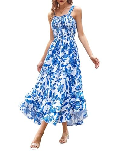 GRACE KARIN Women's 2025 Summer Floral Boho Dress Square Neck Strapped Swing A Line Sundress Beach Long Maxi OutfitsBlue White M - Image 1