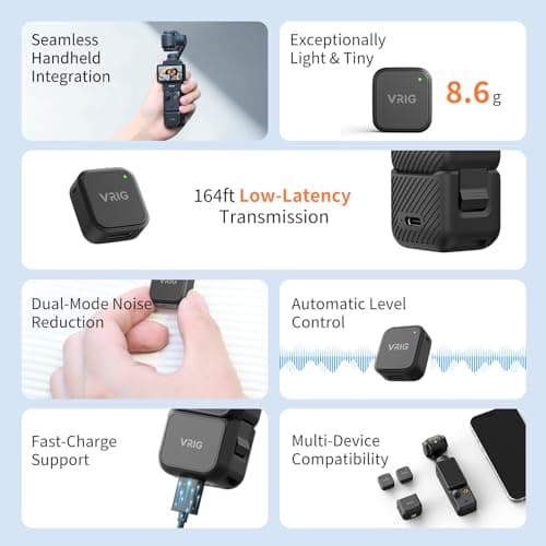 VRIG MC-02 Wireless Microphone Kit (2 TX + 1 RX + Charging Case) for DJI Osmo Pocket 3, Mini Wireless Lavalier Microphone, Magnetic Attachment, Noise Cancellation, 30Hrs Use, Vlog, Live Streaming - Thumbnail 2