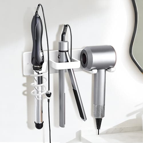 Dovyn Blow Dryer Holder Wall Mount, 3 in 1 Bathroom Hair Tool Organizer with Curling Iron Holder & Flat Iron Holder, Universal Hair Dryer Holder Rack Storage White - Image 1