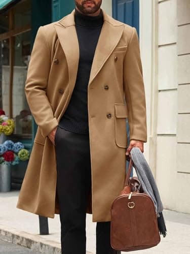 Runcati Mens Wool Blend Casual Trench Coat Notched Collar Lapel Long Jacket Double Breasted Classic Winter Overcoat - Thumbnail 5