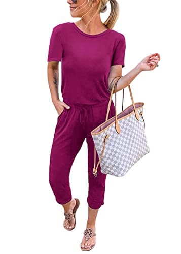 KIRUNDO Jumpsuits for Women Summer 2026 Casual Short Sleeve One Piece Outfits Drawstring Waist Long Pants Romper Jumpers(Purple Red, Medium) - Image 1