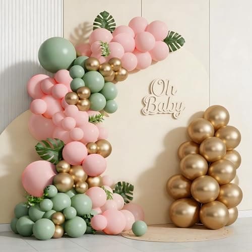 Spring Balloon Garland Arch Kit 160Pcs Sage Green Pink and Gold Latex Balloons for Baby in Bloom Baby Shower Bridal Shower Wedding Jungle Safari Woodland Birthday Party Decorations - Thumbnail 3