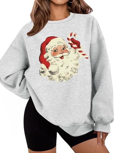 LETSEE Cute Christmas Sweatshirts for Women Santa Claus Graphic Pluz Size Soft Fleece Pullover Sweaters Winter Clothes, A-Grey, XX-Large - Image 1