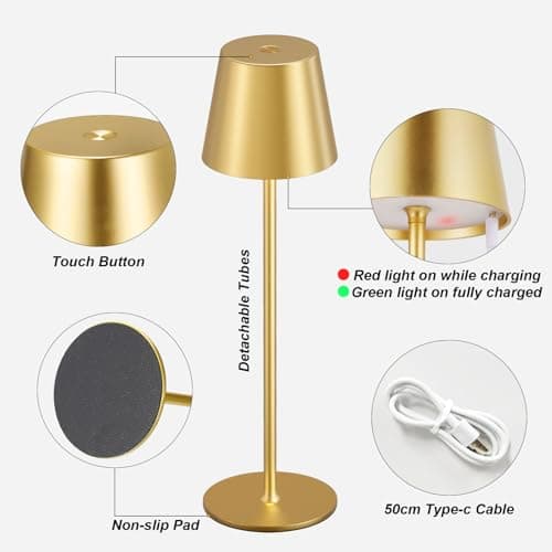 Cordless Table Lamp Rechargeable Gold - KK 2 Pack 5000mAH Battery Operated Lamp for Dining Table, 3 Color Stepless Dimming Waterproof LED Wireless Lamp for Counter, Outdoor Patio, Touch Control - Thumbnail 6