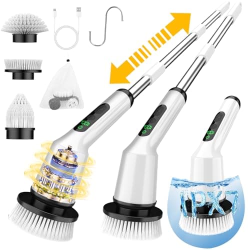 Electric Spin Scrubber for Cleaning Bathroom, Shower Scrubber Cordless Cleaning Brush with IPX7 Waterproof & 2 Speed, 3 Brush Heads, Bathroom Cleaning Supplies for Shower Tub Kitchen Tile Toilet White - Image 1