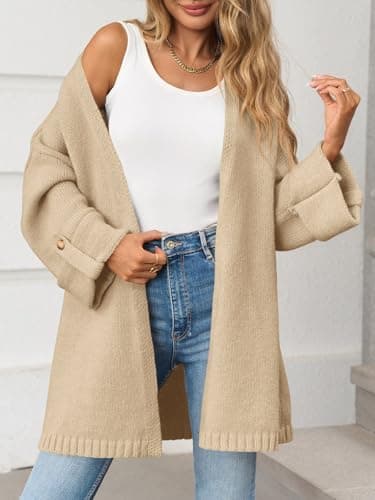 Saodimallsu Womens Oversized Long Cardigan Sweaters Casual Open Front Chunky Knit Slouchy Fall Trendy Sweater Coats Khaki - Thumbnail 2