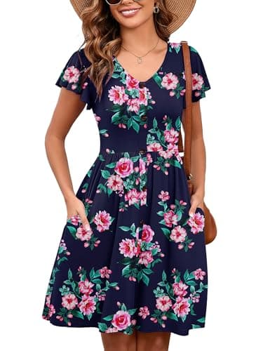 Heymoments Women Summer Dress Vintage Blossom Small Ruffle Sleeve V Neck Casual Cute Loose Sundress Comfy Swing Button Down Midi Work Flowy Tunic Ladies Beach Vacation Teacher Dresses with Pockets - Image 1