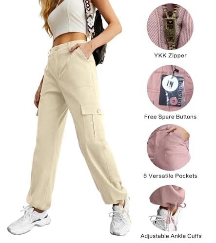 Lepunuo Cargo Pants Women High Waisted Casual Pants Baggy Stretchy Wide Leg Y2K Streetwear Beige - Thumbnail 3