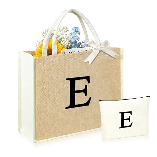 DCLOVERY Initial Canvas Tote Bag & Makeup Bag for Women Teacher Bridesmaids，Personalized Present for Wedding, Birthday, Beach (E, Flax Color) - Image 1