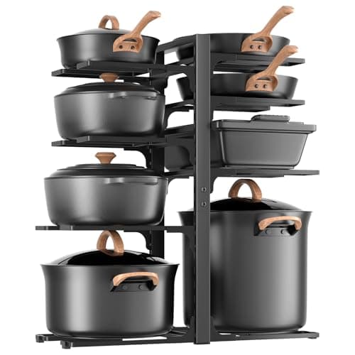 LAMU Pots and Pans Organizer under Cabinet 20.8" Height, 8 Tier Heavy Duty Pan Organizers inside Cabinet with Adjustable Pot Rack, Holds up to 120 LB for Stockpots Dutch Ovens and Cast Iron Cookware