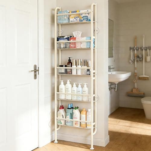 Ormeo Home Behind The Door Narrow Bookshelves Pantry Spice Rack 5-Tier Slim Metal Space-Saving Organizer for Bathroom Closet Kitchen Living Room Sturdy Room Laundry Room, White - Image 1