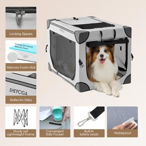 EHEYCIGA Collapsible Dog Crate 36 Inches, Portable Travel Crate for Large Dogs, Soft Foldable Pet Kennel with 4-Door Mesh Windows Indoor & Outdoor, Grey - Thumbnail 2