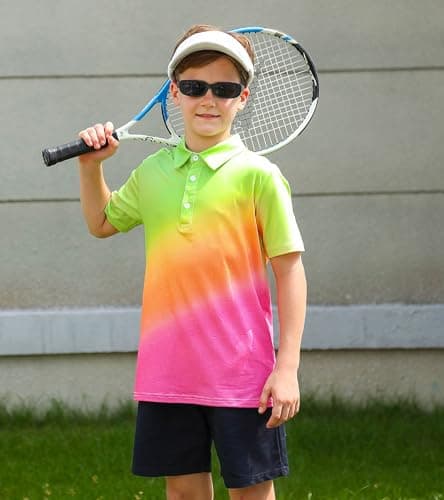 uideazone Boys Polo Shirt Orange Pink Gradient Golf Shirts Dry Fit Performance Polos Neon Color Collared Tops Size 5-6 - Thumbnail 3