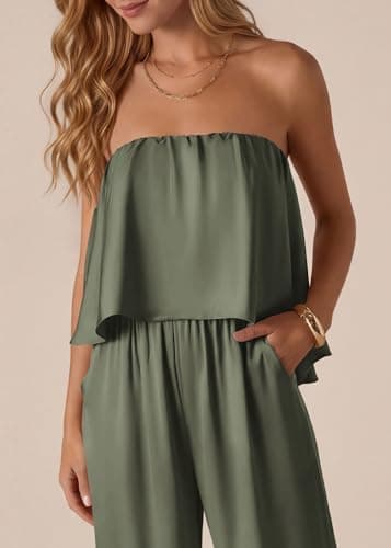 KIRUNDO Jumpsuits For Women Dressy 2026 Summer Satin Strapless Romper Flowy Tube Top Spring One Piece Vacation Outfits(Army Green, Small) - Thumbnail 6