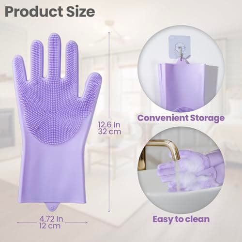 DELOMO Pet Grooming Gloves 1 Pair: Soft and Gentle Silicone Dog Washing Gloves - Bathing Scrubber Brush Mitt Grooming Shedding Fur Removal Massage for Dogs/Cats/Horse, Purple - Thumbnail 6