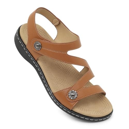 Goldnut Flat Brown Sandals For Women Dressy, Ankle Strap Arch Support Brown Walking Comfortable Flats Open Toe Sandal Medium US Size 8.5 - Image 1
