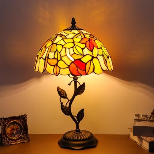 FILIUTF Stained Glass Table Lamp, Adjustable 3 Color Temperature,Flower Style Lampshade & Metal Leaf Antique Base Desk Reading Light 12X12X19 Inches Decor for Bedroom Living Room Office - Image 1