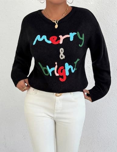 Christmas Sweater for Women Merry And Bright Xmas Pullover Top Crewneck Chenille Letter Patch Jumper (Black-XL) - Thumbnail 5